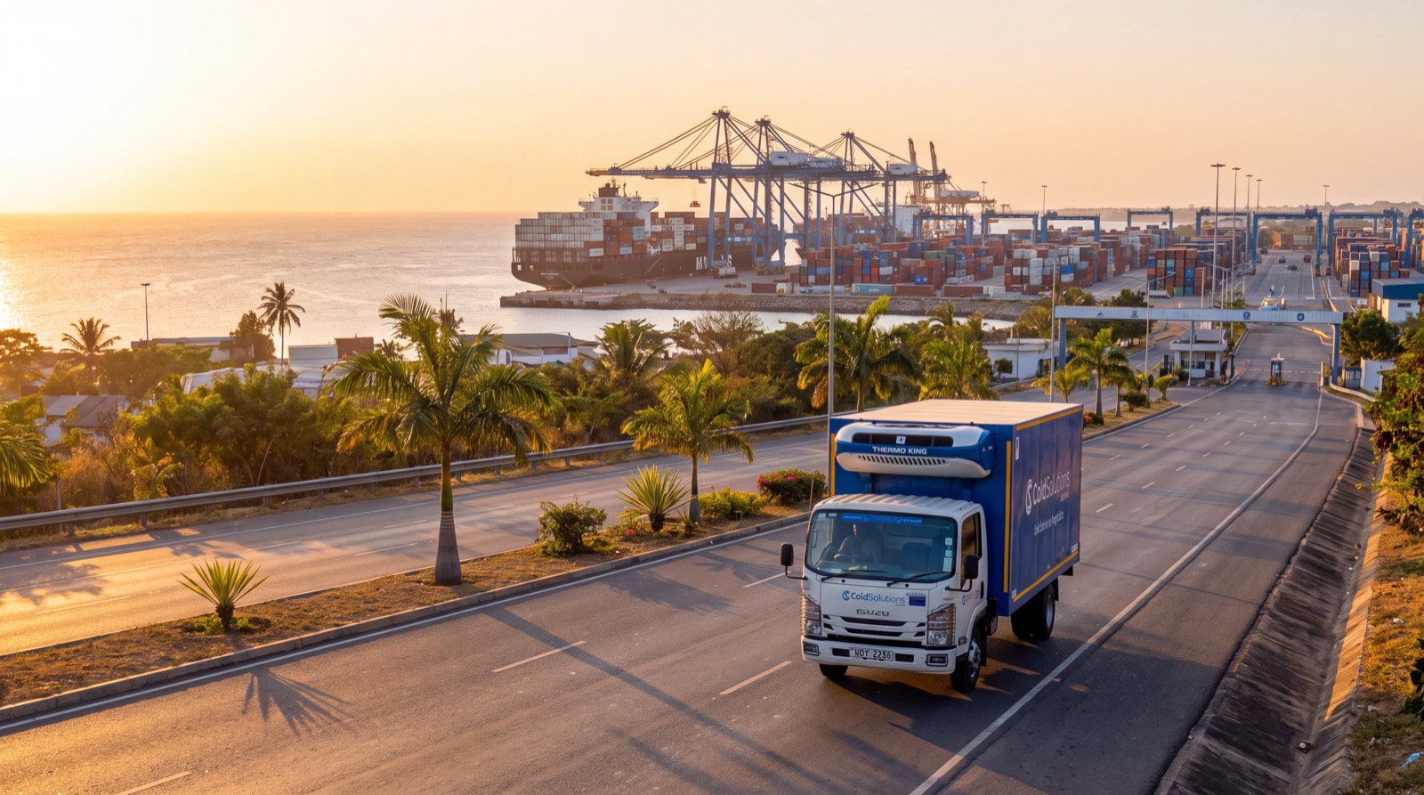 Cold Solutions truck on the Mombasa coast road with the port behind