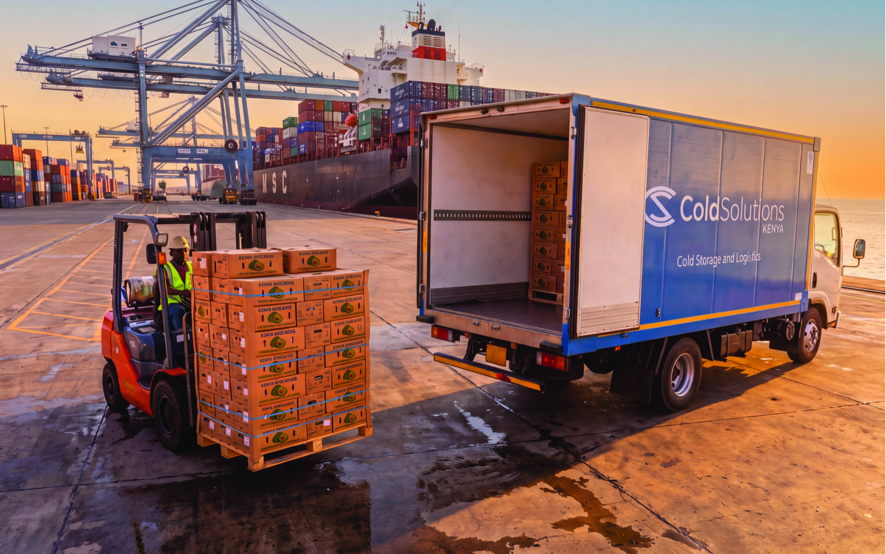 Forklift loading avocado cartons into a Cold Solutions reefer truck at the port